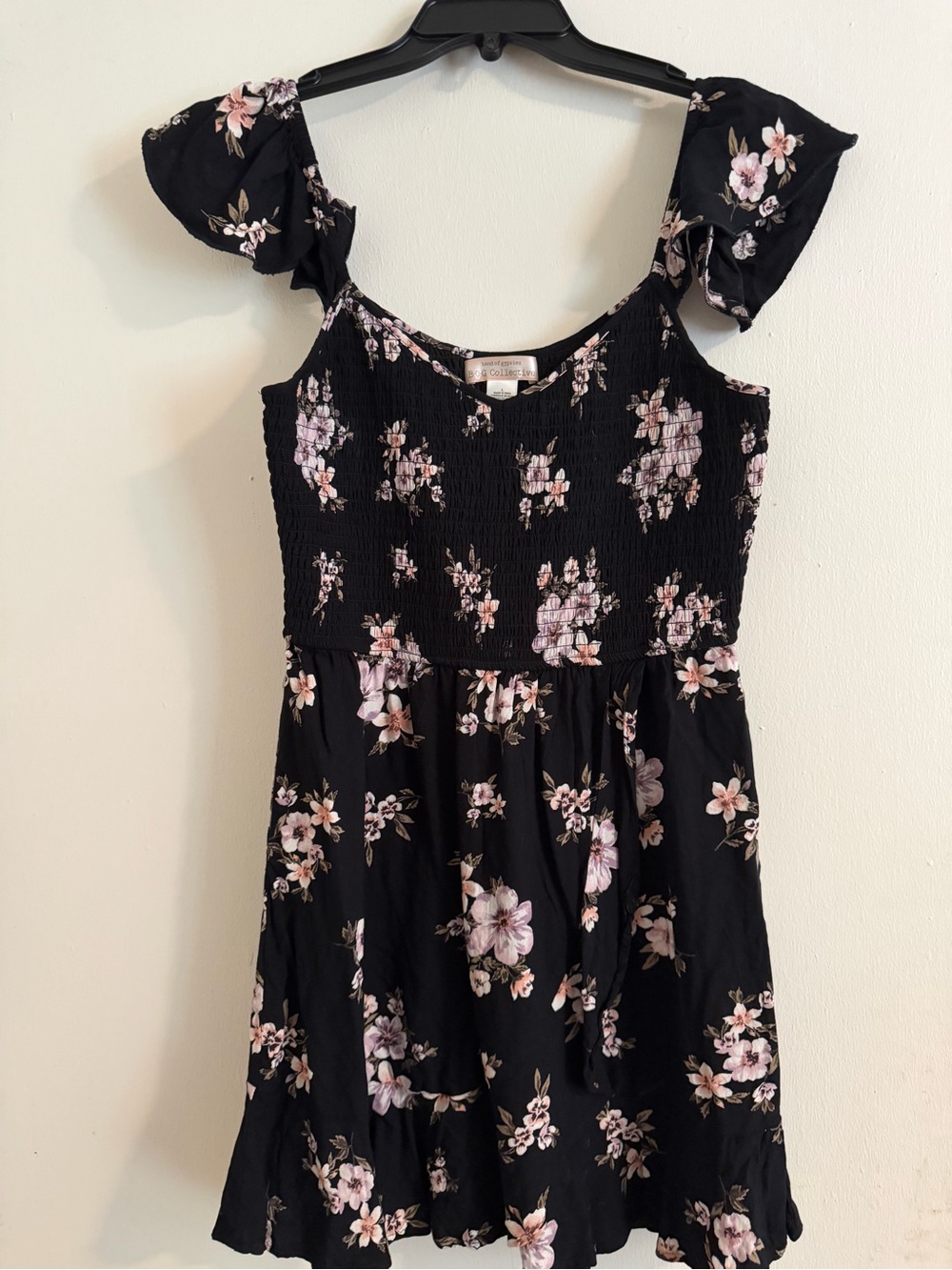Band of Gypsies Black Floral Smocked Midi Dress with Flutter Sleeves